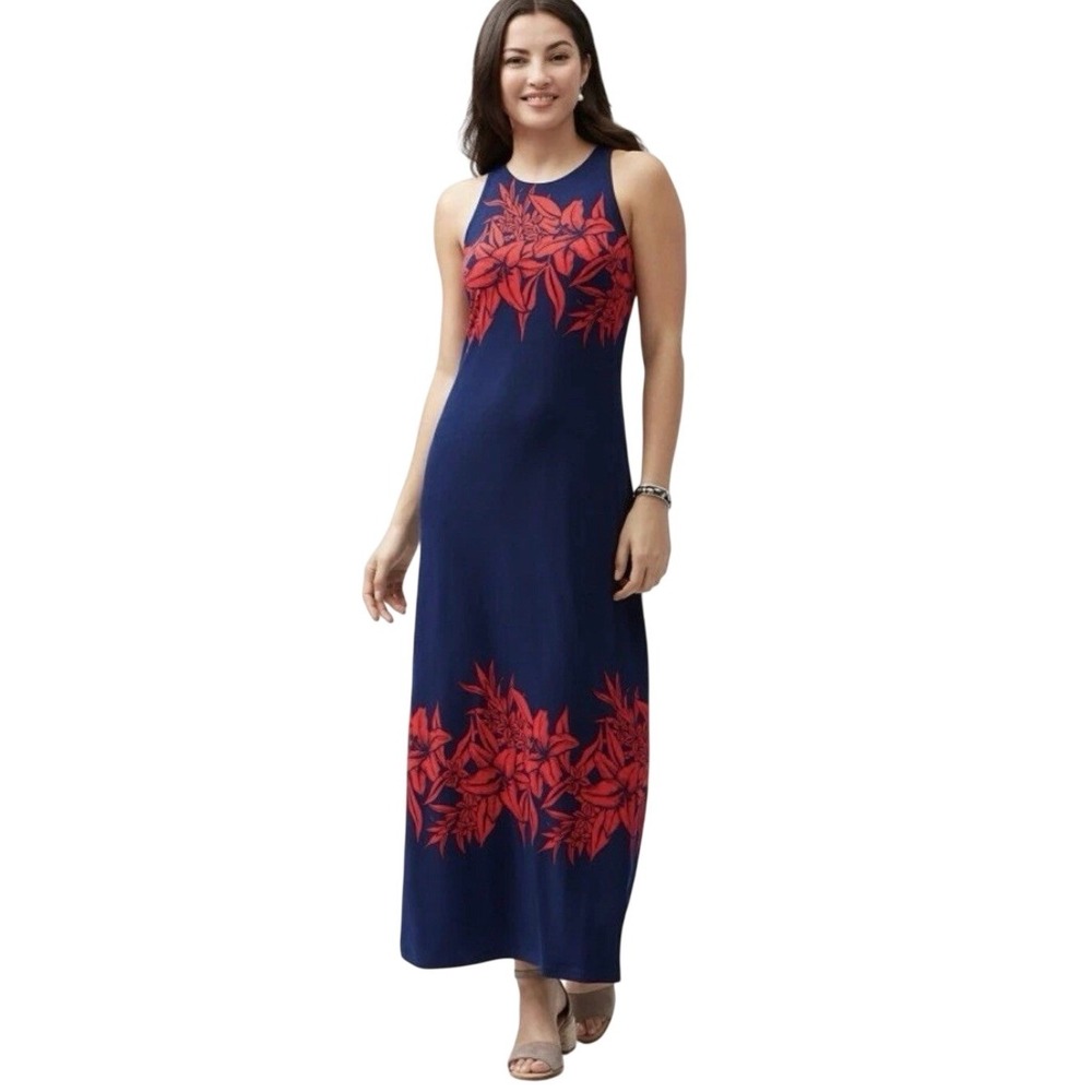 Tommy Bahama Navy Blue Red Floral Lily Print Halter Maxi Dress Tassel Tie Small